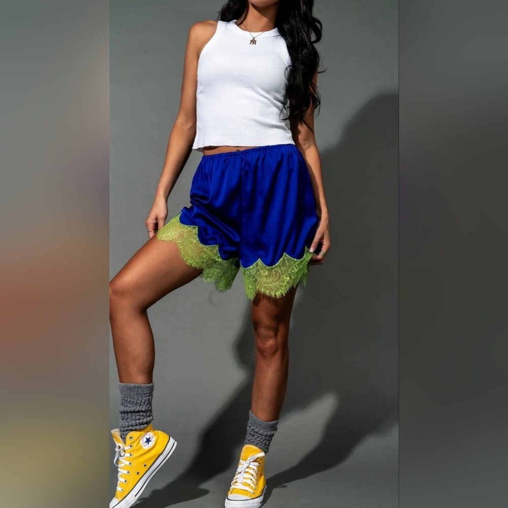 Blue and Green Women's Lace Trim Shorts